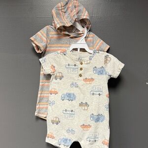 2 Pack- Striped and Vehicle Print Baby Rompers